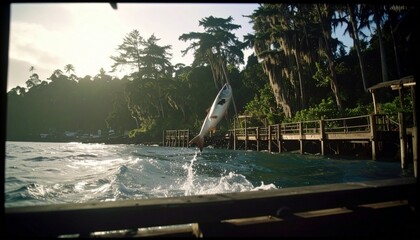 Fish jumping out of tropical ocean water near wooden dock