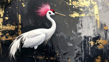 Majestic white crane with vibrant pink crest on abstract background