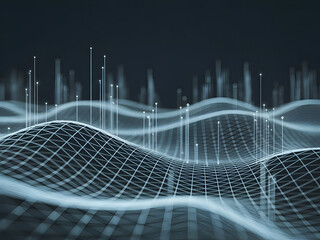 Abstract Digital Data Landscape with Glowing Particles and Grid Network, Futuristic Technology Concept