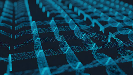 Abstract blue digital wave patterns formed by glowing particles, data visualization, technology background, futuristic motion graphics