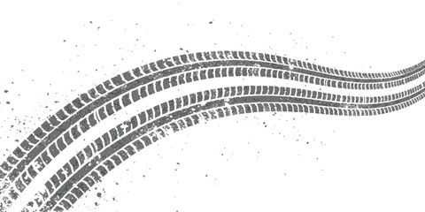 Dynamic grunged tire tracks curving across a pristine white background