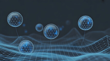 Abstract Digital Spheres Floating Over Wireframe Landscape, Futuristic Technology Concept, Blue Neon Glow, Dark Background, Cinematic