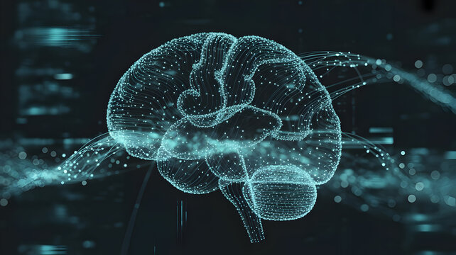 Abstract Digital Brain Network Connections, Neural Pathways, Data Flow, Technology, Science, Futuristic, Innovation, Cybernetic, Information Processing, Blue Neon Lights on Dark Background - Powered by Adobe