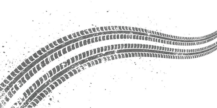 Dynamic grunged tire tracks curving across a pristine white background