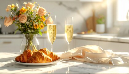 Champagne and croissants on a kitchen counter with flowers