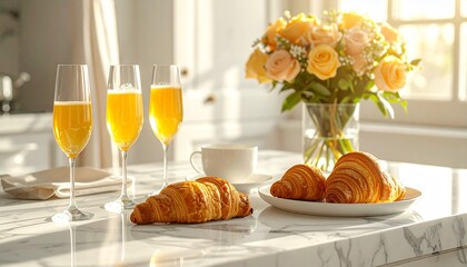 Elegant breakfast setup with croissants and orange juice in modern kitchen