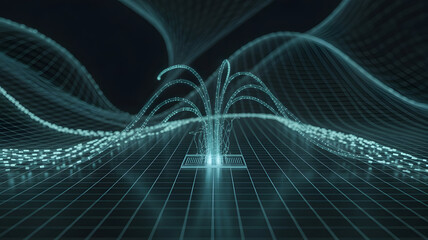 Digital Data Flowing from Square Node into Abstract Wireframe Waves, Futuristic Technology Concept