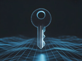 Digital Key Hologram Floating Over Futuristic Grid Landscape with Blue Light, Concept of Security and Access
