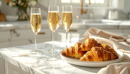 Elegant breakfast setup with champagne and croissants on marble counter