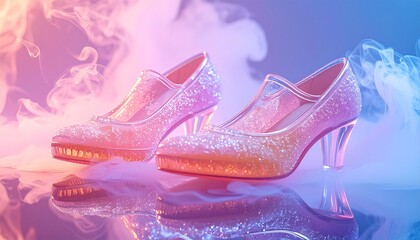 Glittery high heel shoes in pink and purple smoke background