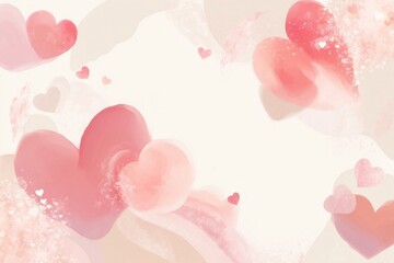 Abstract watercolor background with soft pink hearts and artistic paint splashes for romantic designs