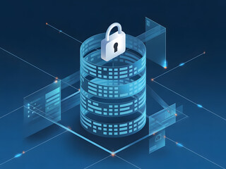 Isometric data server with padlock, secure network connection, digital technology concept, blue background