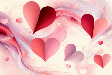Modern paper cut style hearts floating among decorative feathers and pink flowing curves