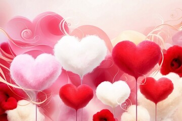 Surreal landscape with fluffy cotton candy hearts on stems against pink dreamlike background