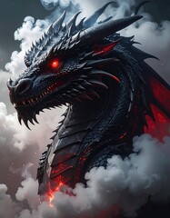 A dark dragon's head with glowing red eyes amidst clouds