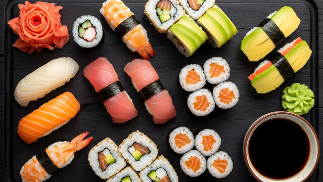 Assorted sushi rolls served fresh - Powered by Adobe