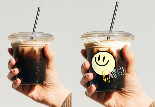 Iced Coffee Cups Mockup With Happy Design PSD