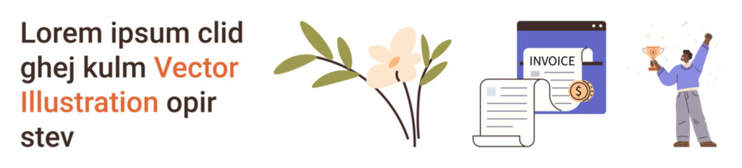 Online business, financial planning, digital payments, success, artistic creativity, financial documents. Digital invoice, floral art and a person holding a trophy. Online business and financial © robu_s