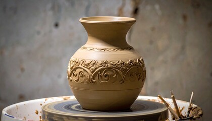 Beautiful clay vase on pottery wheel with intricate designs