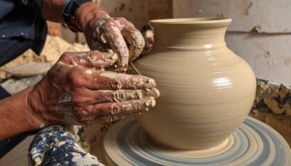 Potter's skilled hands shaping clay vase on wheel