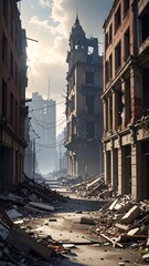 A desolate city street with rubble and debris scattered everywhere