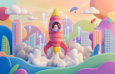 Startup growth concept with rocket ship and upward arrows in a dreamscape.