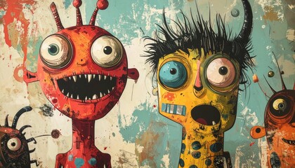 Whimsical cartoon monsters with expressive faces and vibrant colors