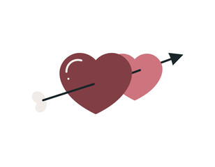 Two hearts with an arrow on white background. Symbol of love for Valentine's day, birthday, wedding. For scrapbooking, postcards, wrapping paper, fabrics, wallpaper. Cartoon flate style.	