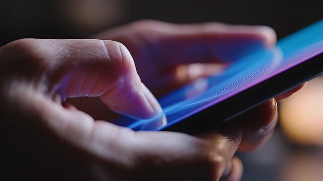 Close-Up of Hand Using Smartphone in Dark Environment.