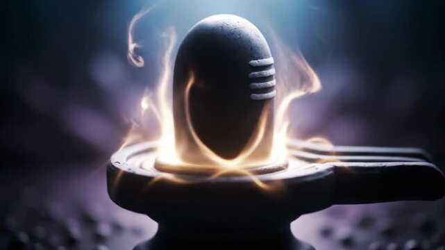 Close-up of a black shiva linga with flames on a metal plate in a dark background with warm tones