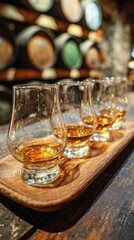 Obraz premium High quality photo of Whiskey tasting flight with glencairn glasses in a rustic distillery cellar with barrels