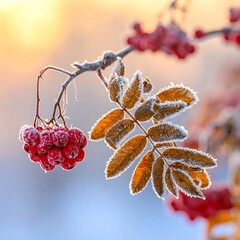A frosty branch with red berries and orange leaves
