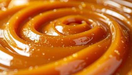 Smooth caramel sauce swirl with golden light reflection