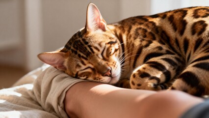 Bengal cat sleeping on human arm