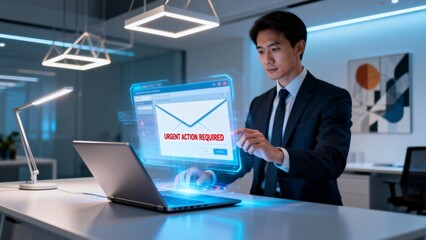 Businessman interacting with holographic laptop display