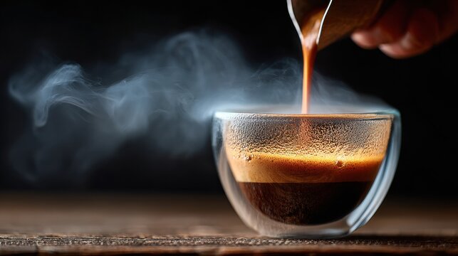 A skilled barista is carefully pou a freshly brewed double espresso shot into a clear glass cup, with steam rising beautifully, for a perfect coffee moment.