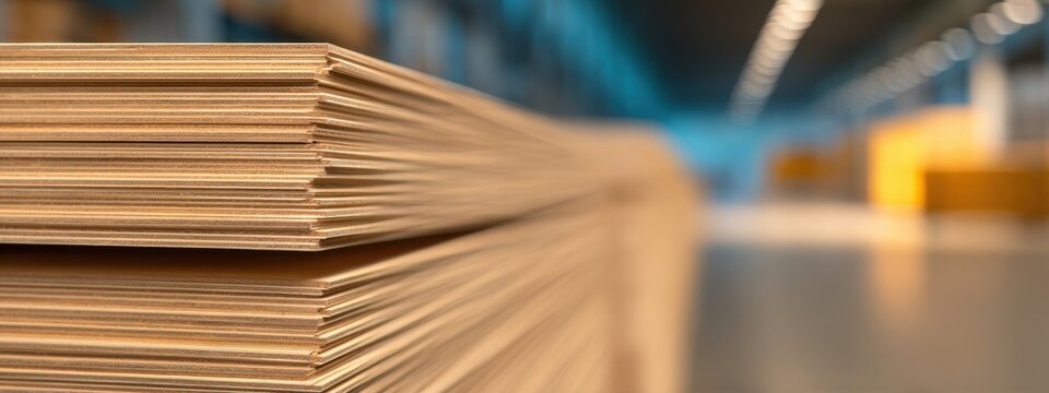Stacks of flat cardboard sheets in a warehouse; warm tones,  shallow depth, crisp edges, orderly rows in view