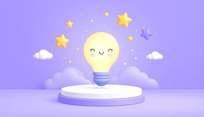 Cheerful cartoon light bulb with a cute face on a stage, surrounded by stars and clouds on lavender background