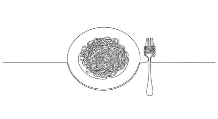 Minimalist line art illustration of a plate filled with pasta and a fork on a white background representing a simple meal