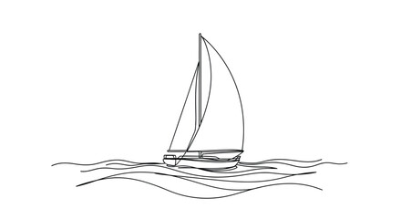 Simple hand drawn sketch of a sailboat with full sails gliding across wavy water in a minimalist black and white line art style © Line Home