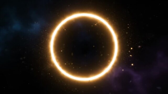 Close-up of a bright solar eclipse with a glowing ring of light against a starry dark background with purple and blue nebulae