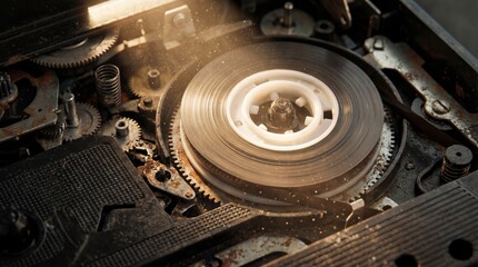 Close-up of cassette rewinding inside player with gears and dust  
