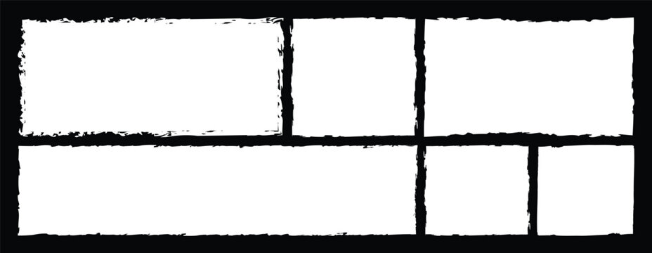 White vector rough edge rectangles on black background.  grungy dirty textures. Hand-drawn vector elements.