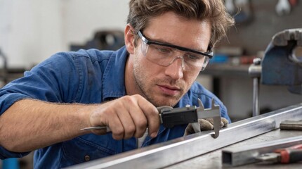 A young Caucasian man with light brown hair and glasses measures metal with a caliper in a workshop. Tools and machinery are visible in the background.