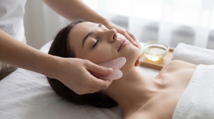 A young Caucasian woman receives a facial treatment. A therapist uses a gua sha tool on her face. The setting is a bright, serene spa environment.