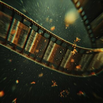 A close-up of a deteriorating film strip surrounded by floating particles in a dark environment