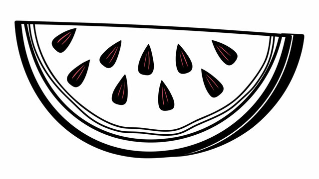 A simple illustration of a half slice of watermelon with seeds on a white background