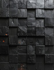 A close-up of a dark gray, textured wall composed of numerous small, cube-shaped blocks