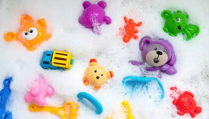 Colorful Bath Toys Floating In Bubbles Including Animals A Truck And Other Shapes For Playtime
