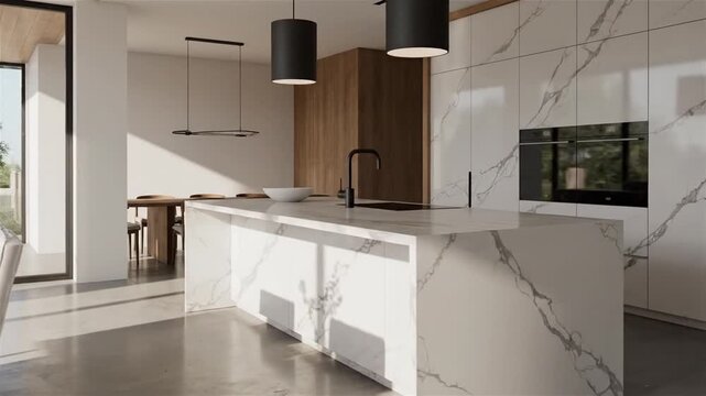 Open-plan kitchen with marble island, dark pendant lights, wooden accents, and seating, airy